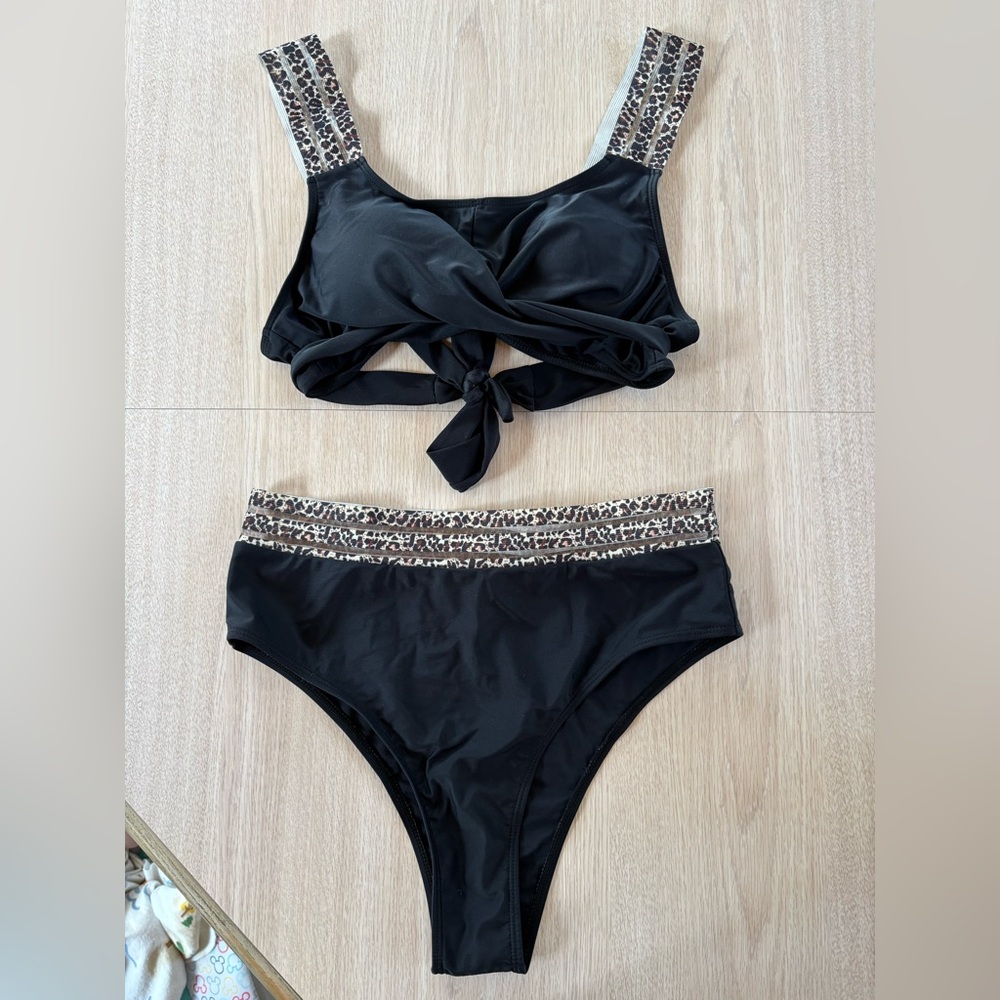 Black Two-Piece High-Waisted Swimsuit with Leopard Trim